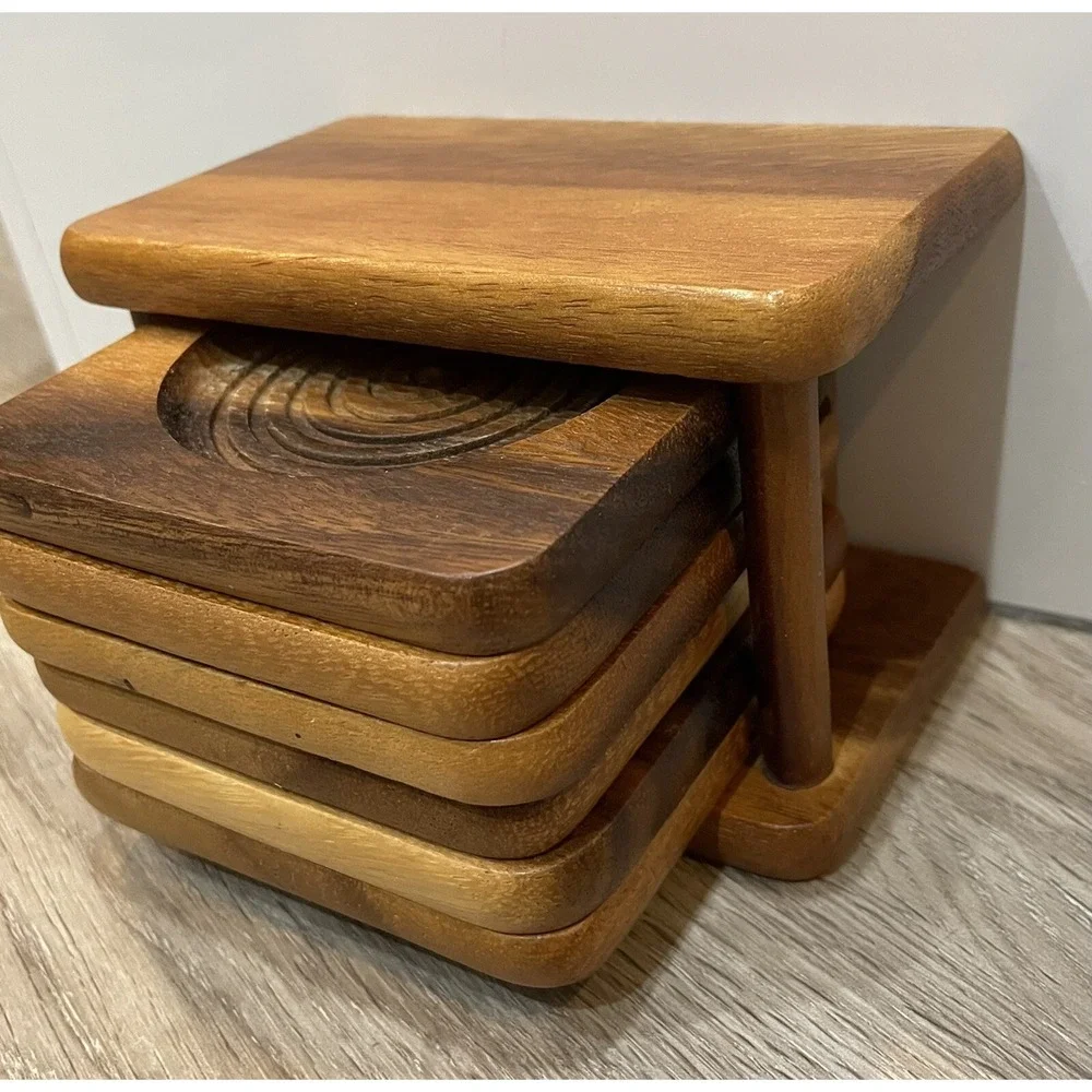 Six Wooden Coaster Set Square Holder